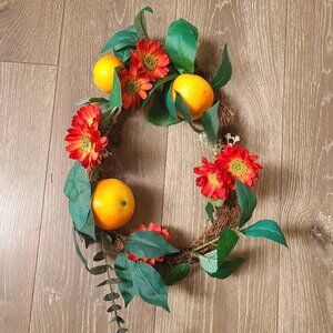 Handmade Wreath Faux Floral Red Flowers and Oranges, Eucalyptus Holiday Wreath